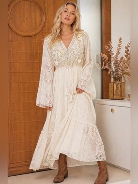 117.. FROM EUROPE/cream sequin lace  Embroidered Boho Maxi Dress embellishment